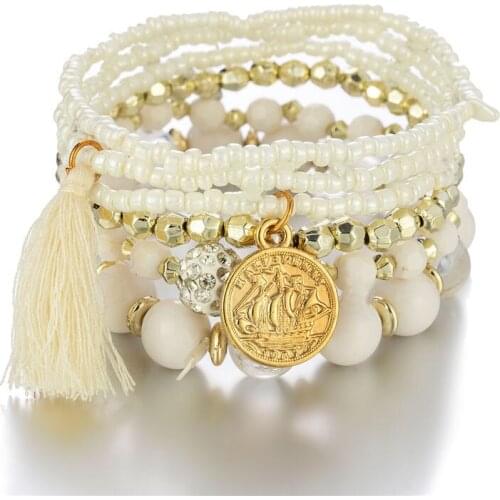 6 pcs/set 2021 Ethnic Boho Elastic Multilayer Colorful Acrylic Beads Tassel Golden Coin Pendant Bracelets for Women Wedding Gift