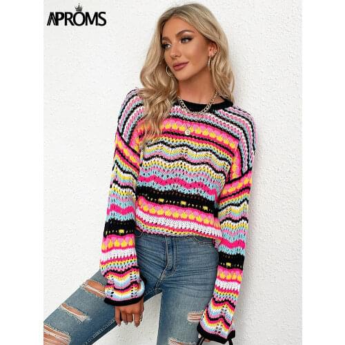 Aproms Multi Color Blocked Knitted Pullover Women Summer Casual Flare Sleeve Hollow Out Sweater Cool Girls Fashion Jumper 2021