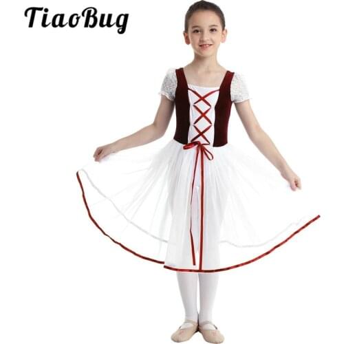TiaoBug Kids Velvet Mesh Lacework Professional Ballet Tutu Dress Bubble Sleeve Ballet Dance Girls Gymnastics Leotard Dance Dress