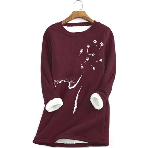 40# Harajuku Blouses Winter Warm Women Thick Fleece Printing Blouses Long Sleeve O-neck Plus Size Steertware Top Женские Вещи