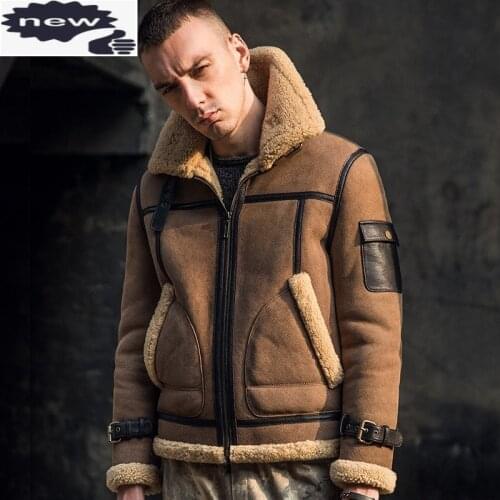 Brand Mens Genuine Leather Sheepskin Coat Winter Warm Thicken Real Fur Wool Liner Bomber Jacket Vintage Biker Shearling Coats