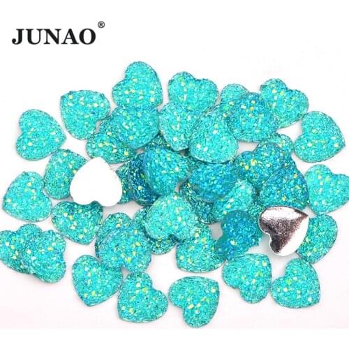 JUNAO 12mm 100pcs Aquamarine AB Heart Shape Resin Rhinestone Flatback Glue on Crystal Beads Applique Shiny Decoration Stones