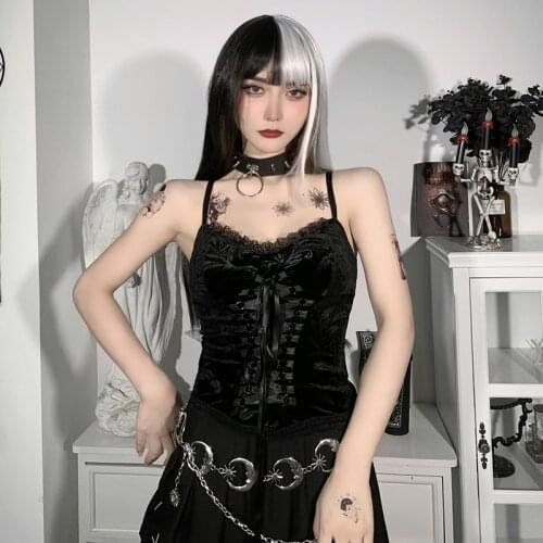 Lace Bandge Velvet Gothic Top 2021 Summer Vintage Black Sexy Corset Top Cotton Backless Dark Spaghetti Strap Tank Top Streetwear