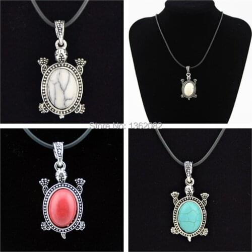Wholesale 12pcs Tibetan Silver Plated Cute Sea Turtles Stone Pendants Necklace Gift