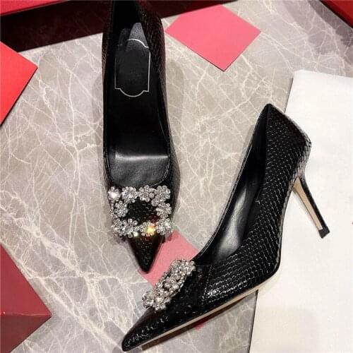 S Spring and Autumn Womens High Heels Symphony Snakeskin Square Buckle Diamond Decoration Stiletto Party High Heels