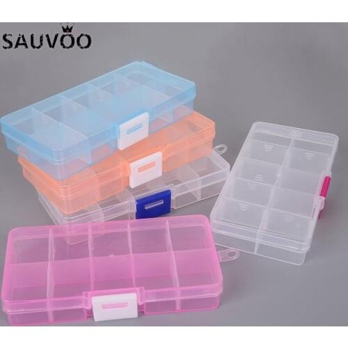SAUVOO 10/15 Grids Adjustable Rectangle Transparent Plastic Storage Box For Small Jewelry Tool Component Boxes Organizer