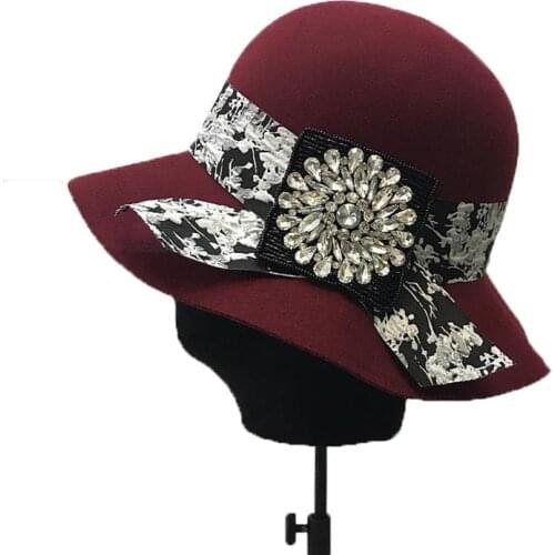 Fibonacci Winter Hats For Women Fedora Large Brim Wool Felt Hats Ladies Wide Vintage Cloche Church Flower Round Top Hat