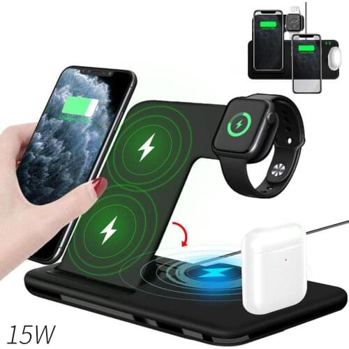 15W 4 in 1 Foldable Wireless Charger Stand For iPhone 12 11 XR X Apple Watch Qi Fast Charging Dock Station For Airpods Pro iWatc
