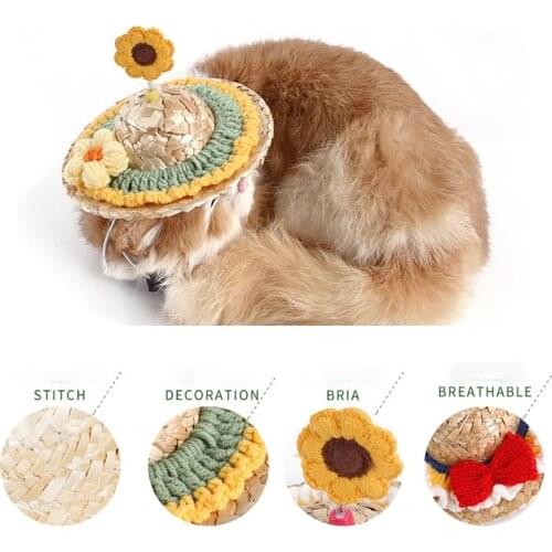 Pet Woven Straw Hat Hawaiian Style Pet Hat Spring and Summer Sunshade Adjustable Hat