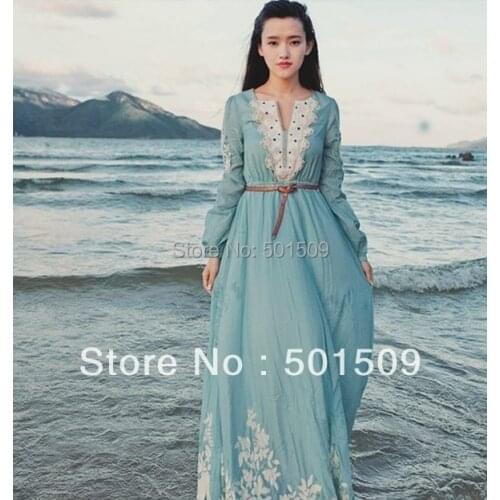 Light blue lace embroidery fullsleeve long medieval dress Renaissance Gown princess costume Victorian Gothic Lo/Marie Antoinette