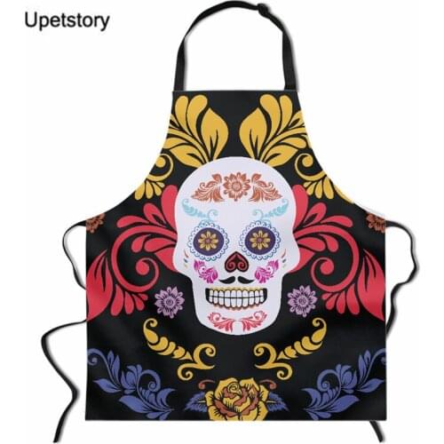 Upetstory 1Pcs Floral Skull Print Kitchen Apron for Cooking Sleeveless Aprons Adult Bibs Gothic Style Home Cleaning Accessories