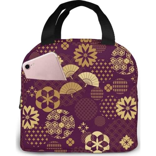 Japanese Fans Asian Flowers Cooler Bag Portable Zipper Thermal Lunch Bag Convenient Lunch Box Tote Food Bag