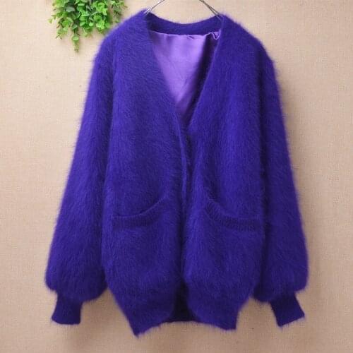 Ladies women fashion hairy plush mink cashmere knitted deep v-neck slim cardigans angora fur fall winter jacket coat sweater top
