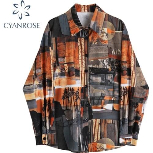 Fashion Vintage Print Shirt Women Oversized Long Sleeve Single Breasted 2021 Spring BF Harajuku Street Blouse Ladies Blusas Tops