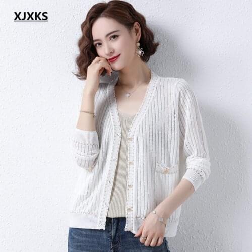 XJXKS New 2021 women summer sunscreen clothing high quality comfortable ice linen knitted cardigan women thin sweater