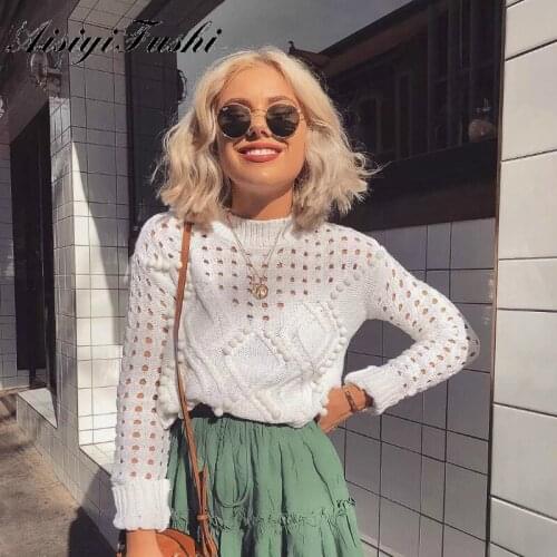 AISIYIFUSHI White Hollow Out Sweaters Cropped Sweater Round Neck Women Jumper 2020 Autumn Long Sleeve Knitwear Women Long Sleeve