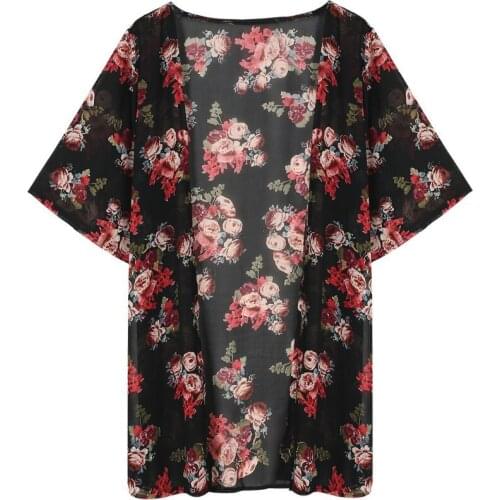 Women Summer Vintage Kimono Long Cardigan Chiffon Loose Floral Printed Blouse Q1FE