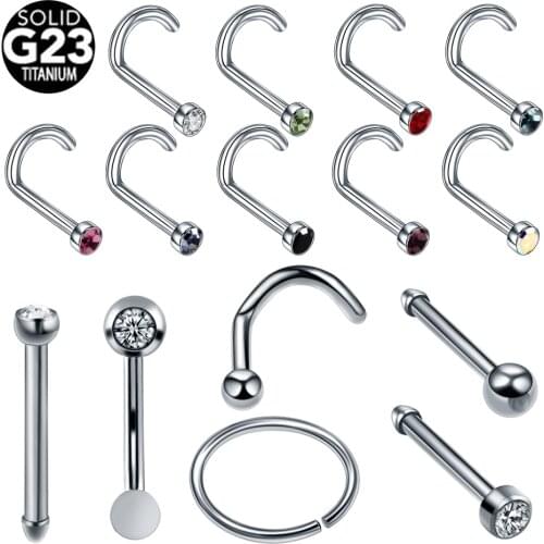 10pcs/lot Titanium Genital Piercing Nose Hoop Rings CZ Gem Nose Screw Stud Nose Bone Nostril Earring Septum Piercings Jewelry