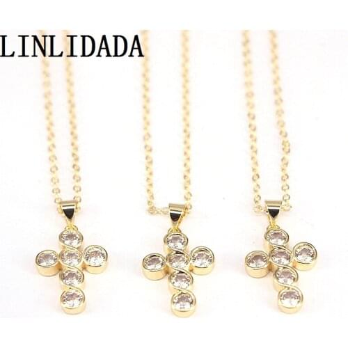 10Pcs Handmade zircon CZ Cross Charm Necklace Fashion Gold Color Pendant Necklace Women Gift