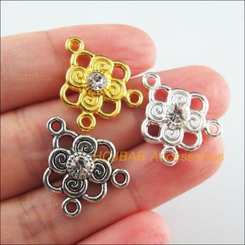 15Pcs Retro Gold Silver Tibetan Silver Tone Flower Clear Crystal Charms Connectors 17x20.5mm