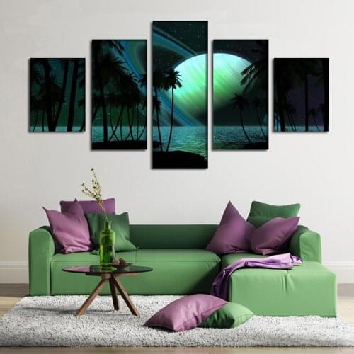 2016 New painting 5 Panels saturn planet palm trees sky ligh oil painting For home Wall Art Picture Unframed gift free shipping