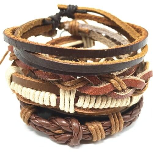 4pcs 1 Set Punk Genuine Wrap Leather Bracelets Men For Women Cuff Jewelry Accessories Wholesale