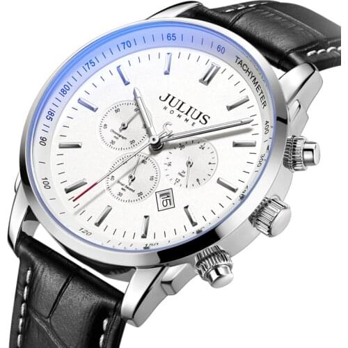 Real Multi-function Auto Date Chronograph Mens Watch Japan Quartz Man Hours Fine Real Leather Bracelet Boys Gift Julius Box