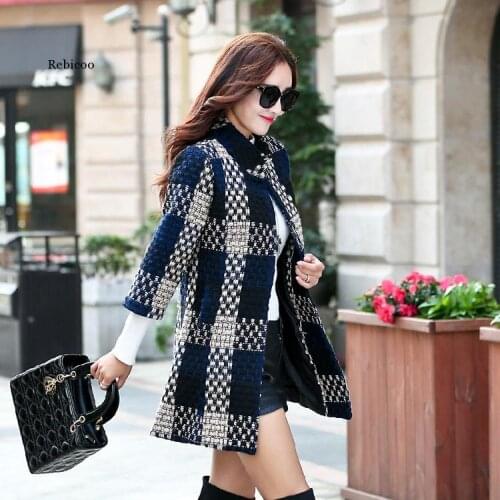 Women Sleeve Weave Plaid Pocket Temperament Elegant Contexture Winter Slim Woolen Long Coat Plus Size