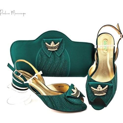 Italian Design 2021 Summe African Party Wedding Mid Heels Ladies Shoes and Bag Set Wirh Rhinestone Decoration in Avocado Color