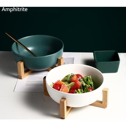 Creative Solid Color Bowl Of Ceramic Fruit Salad Bowl With Wooden Support Nordic Great Food Bowl Noodle Bowl Breakfast Bowl