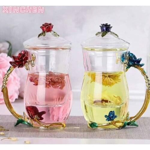Creative Personality Cups Enamel Color Glass Tea Cup Coffee Cups Fashion Men and Women Flower Cups Giving Tea Strainers