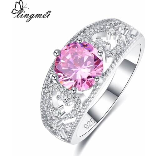 Lingmei Wholesale Exquisite Round Zircon Wedding Rings Silver Color Women Fashion Ring Size 6 7 8 9 Anniversary Christmas Gifts