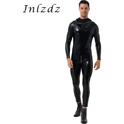 Mens Patent Leather Hooded Bodysuit Zipper Back Stretchy Skinny Jumpsuits Nightclub Stage Performance Clubwear Role Play Costume