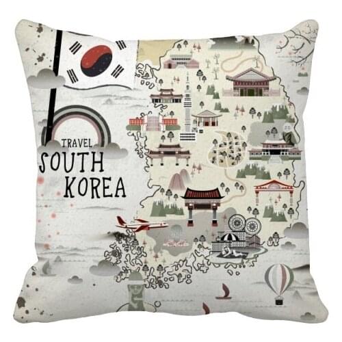 South Korea Map Landmarks Throw Pillow Square Cover