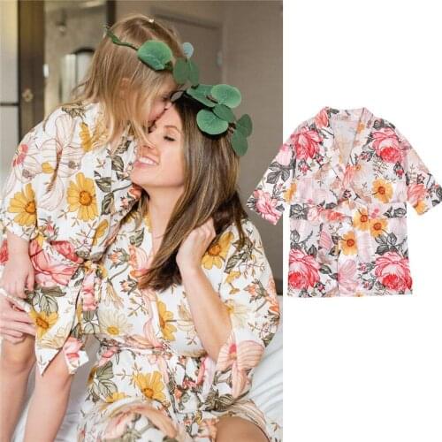 Newest 1PC Women Kids Pajamas, Family Matching Floral Bathrobe, Long Sleeve V-Neck Loose Lace-up High Waist Slimming Robe