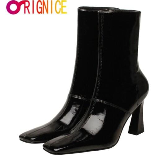 Orignice Good Quality Thick High Heel Ankle Boots Women 2021 Spring Autumn Patent Leather Square Toe Sewing Zipper Party Shoes