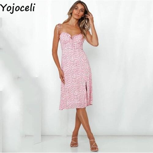 Yojoceli Sexy floral print strap dress 2021 Summer beach party casual elegant dress women A-Line female vestidos