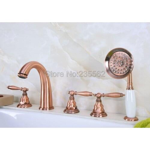 Antique Red Copper Widespread Roman Bath Tub Sink Faucet 5 hole basin faucet lna237