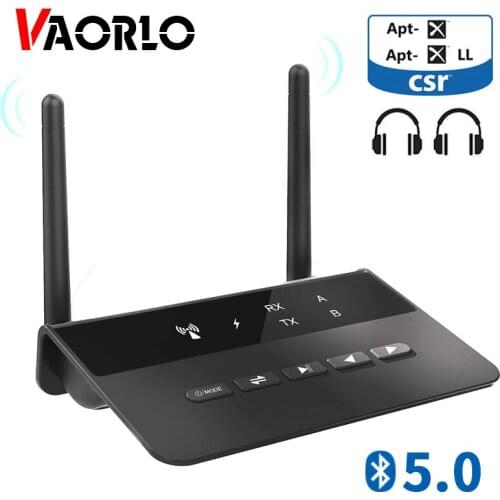 VAORLO 262ft/80M CSR Bluetooth 5.0 Audio Transmitter Receiver Bypass Aptx LL Low Latency Wireless Adapter 3.5mm AUX For TV CAR