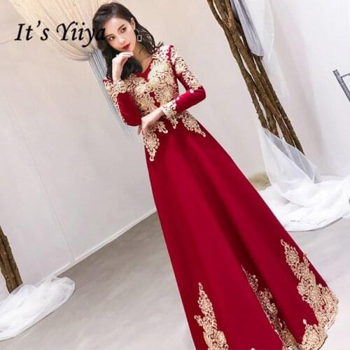 Evening Dresses Long Sleeve Its Yiiya R224 Vintage Embroidery Crystal A-Line Robe De Soiree V-neck Zipper Back Formal Dress