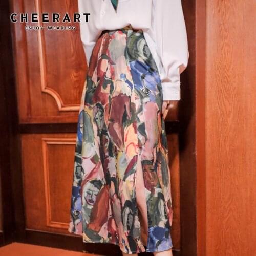 CHEERART Fall Long Skirts Womens Impressionism Print High Waist A Line Ladies Midi Skirts Autumn Clothing