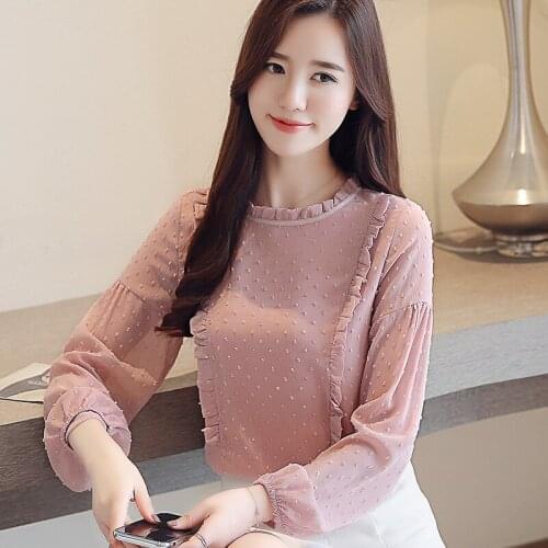 2021 Autumn Fashion Women Blouses Long Sleeve Chiffon Casual Solid Lantern Sleeves Ruffles Shirts Elegant Pink Korean Style Tops