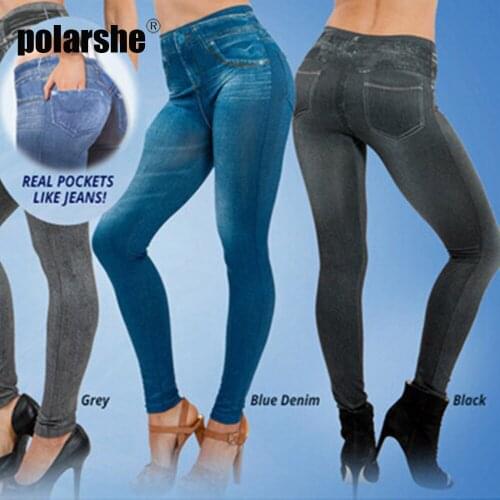 S-5Xl Slim Women Leggings Plush Lined Winter Faux Denim Jeans Leggings Pockets Fashion Pocket Printing High Waist Pencil Pants