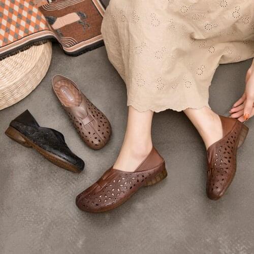 Soft Bottom Women Loafers Shoes Vintage Flat soft Leather Sandals Summer Hollow Handmade Leather Shoes Soft Oxford Flat Shoes