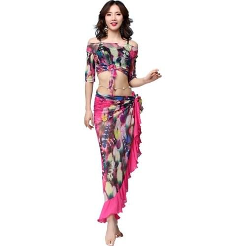 Women Dance Clothing Class Latin Belly Dance Costume variety of ways to wear 2pcs Colorful Tie-dye PeacocksTop Tassel Skirt