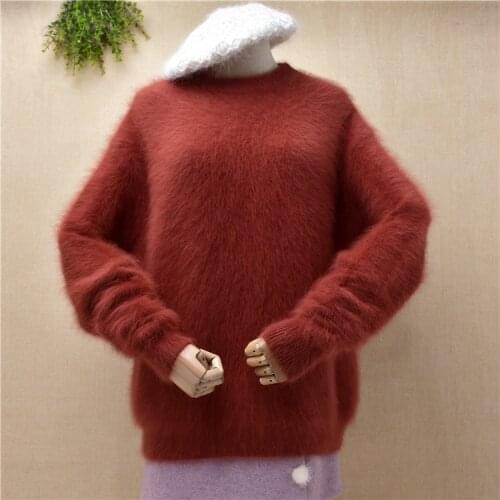 Female women fashion hairy plush mink cashmere knitted o-neck long sleeves loose pullover angora fur winter jumper sweater pull