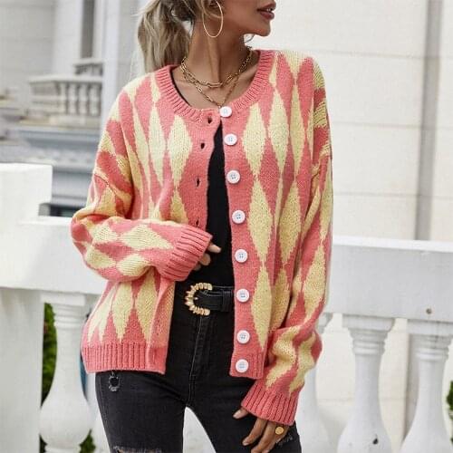 2021 Autumn Cardigan Women Sweaters Elegant O-neck Button Printing Knitted Sweater Casual Loose Streetwear Sweater Rebeca Mujer