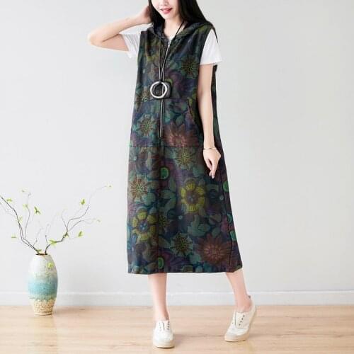 Baggy Hooded dress Women Print Flower zipper sleeveless dress Big Pocket Cotton Europe tank Dresses Ethnic Big Size dress
