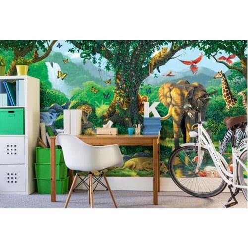 Customized 3d wallpaper 3d wall murals wallpaper sunlight green forest animals children room background wall in the river wall