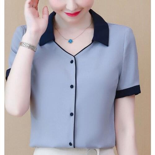 Blouse Women 2021 Summer Blouse Shirt Tops Women Short Sleeve V-neck Blue Chiffon Blouse Women Shirts Clothes Blusas Mujer D93